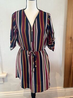 Striped Zip-Neck Cinched Waist Dress - Burgundy/Navy
